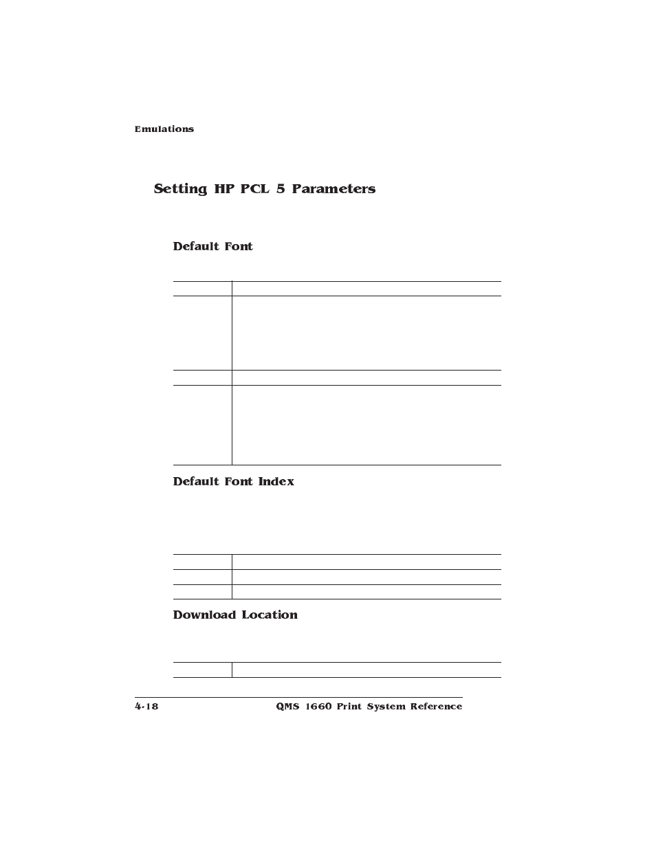 Setting hp pcl 5 parameters, Default font, Default font index | Download location | HP QMS 1660 User Manual | Page 50 / 306