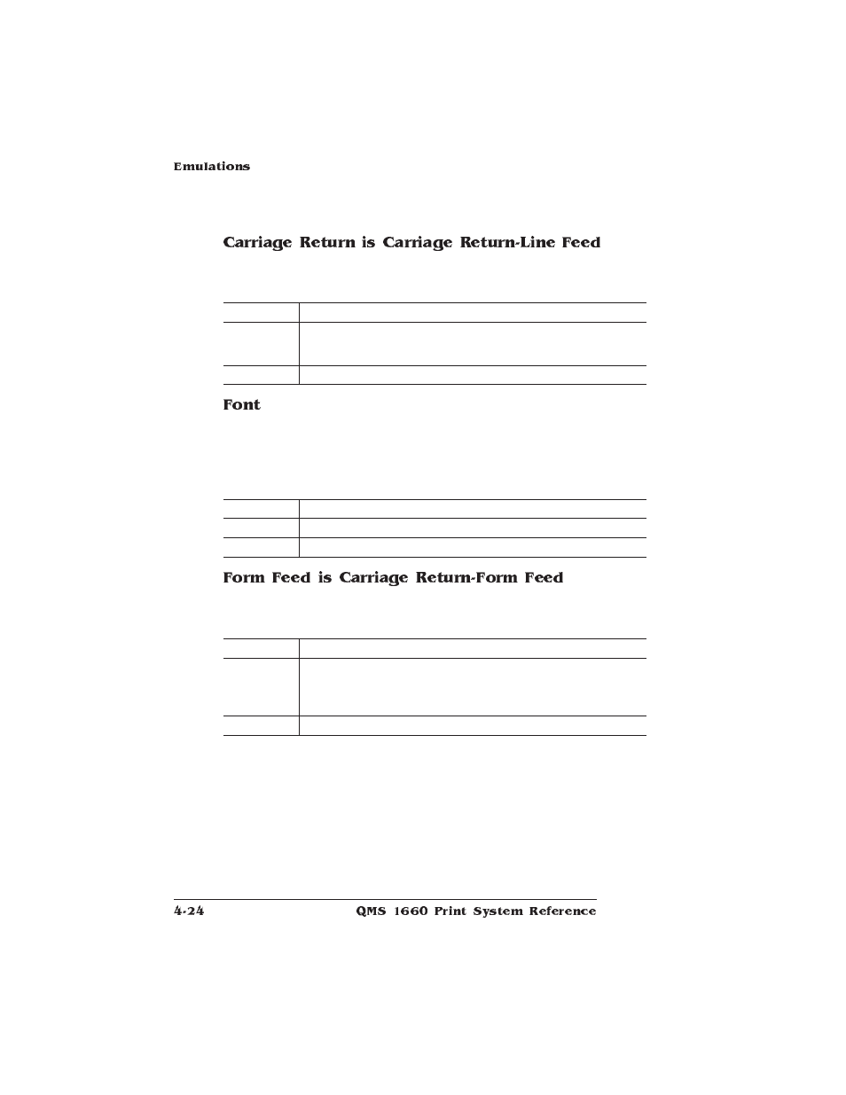 Carriage return is carriage return-line feed, Font, Form feed is carriage return-form feed | HP QMS 1660 User Manual | Page 56 / 306