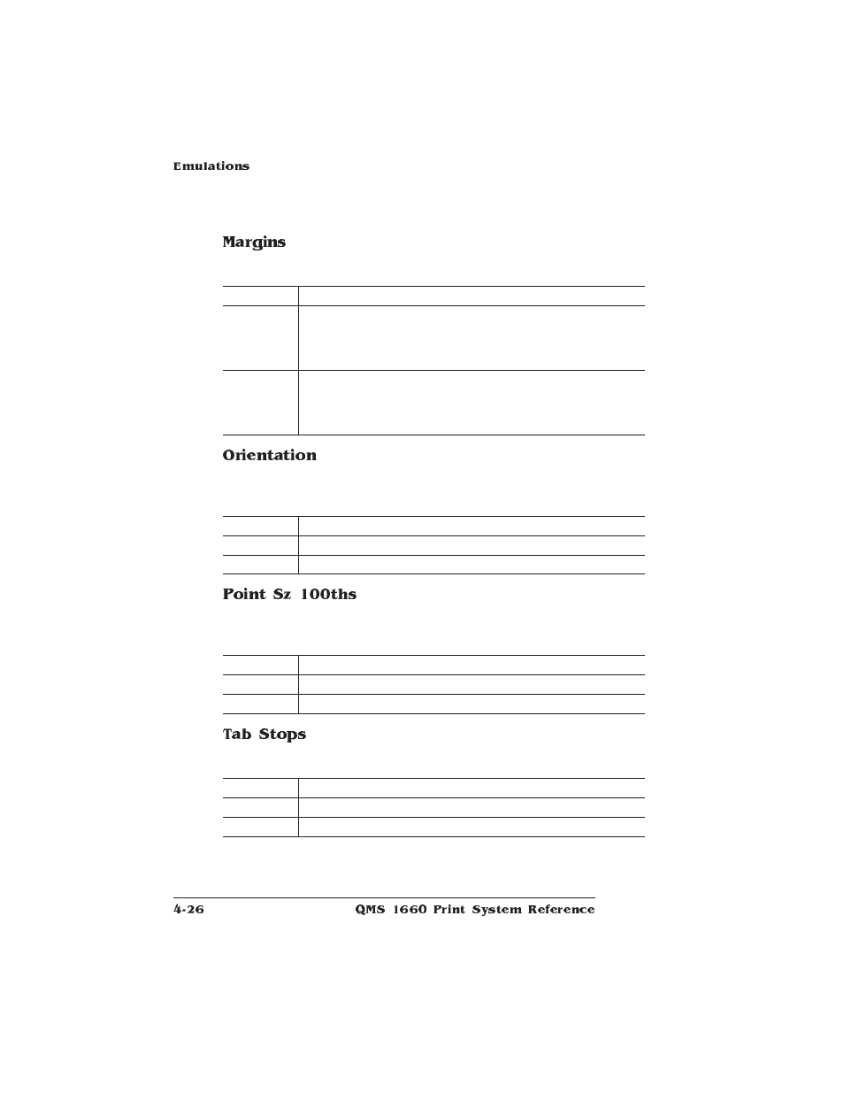 Margins, Orientation, Point sz 100ths | Tab stops | HP QMS 1660 User Manual | Page 58 / 306