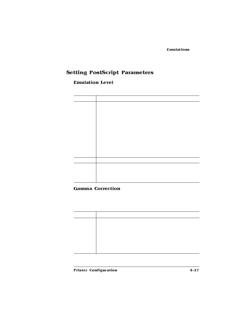 Setting postscript parameters, Emulation level, Gamma correction | HP QMS 1660 User Manual | Page 59 / 306