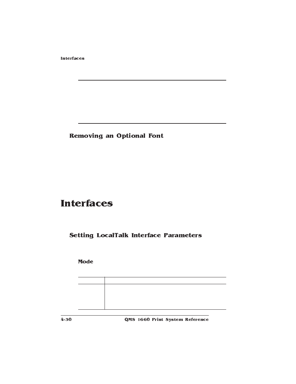 Removing an optional font, Interfaces, Setting localtalk interface parameters | HP QMS 1660 User Manual | Page 62 / 306