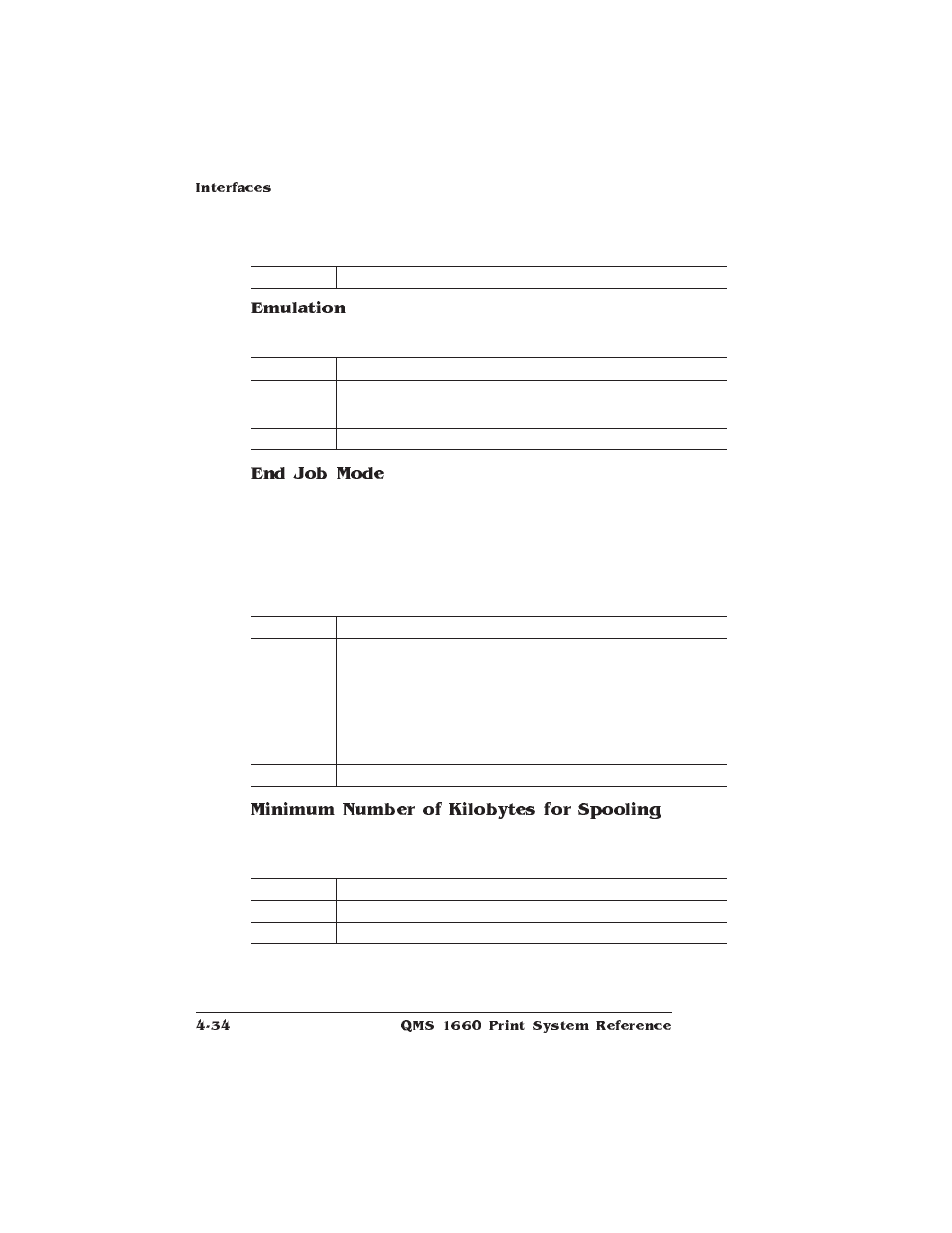 Emulation, End job mode, Minimum number of kilobytes for spooling | HP QMS 1660 User Manual | Page 66 / 306