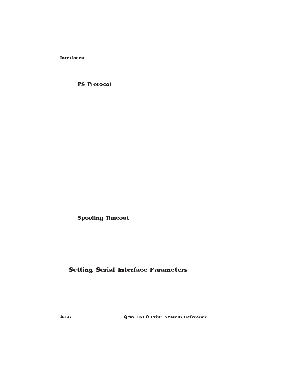 Setting serial interface parameters, Ps protocol, Spooling timeout | HP QMS 1660 User Manual | Page 68 / 306