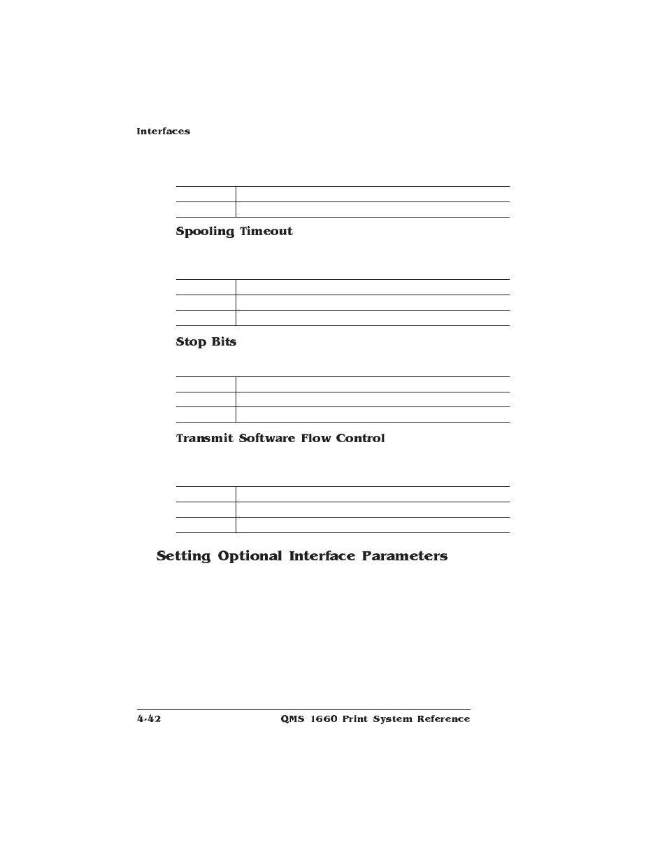 Setting optional interface parameters, Spooling timeout, Stop bits | Transmit software flow control | HP QMS 1660 User Manual | Page 74 / 306