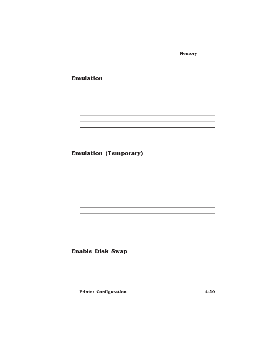 Emulation, Emulation (temporary), Enable disk swap | HP QMS 1660 User Manual | Page 81 / 306