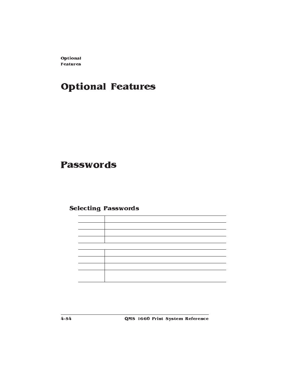 Optional features, Passwords, Selecting passwords | HP QMS 1660 User Manual | Page 86 / 306