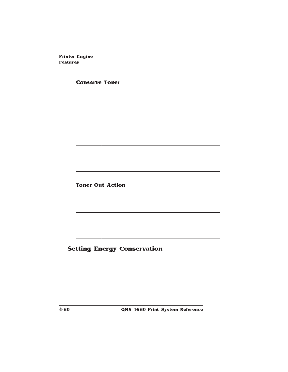 Setting energy conservation, Conserve toner, Toner out action | HP QMS 1660 User Manual | Page 92 / 306