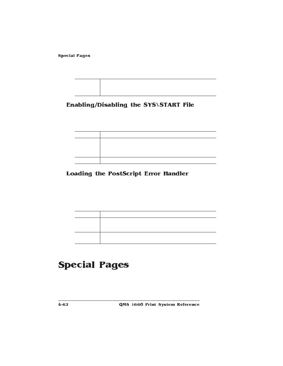 Enabling/disabling the sys\start file, Loading the postscript error handler, Special pages | HP QMS 1660 User Manual | Page 94 / 306