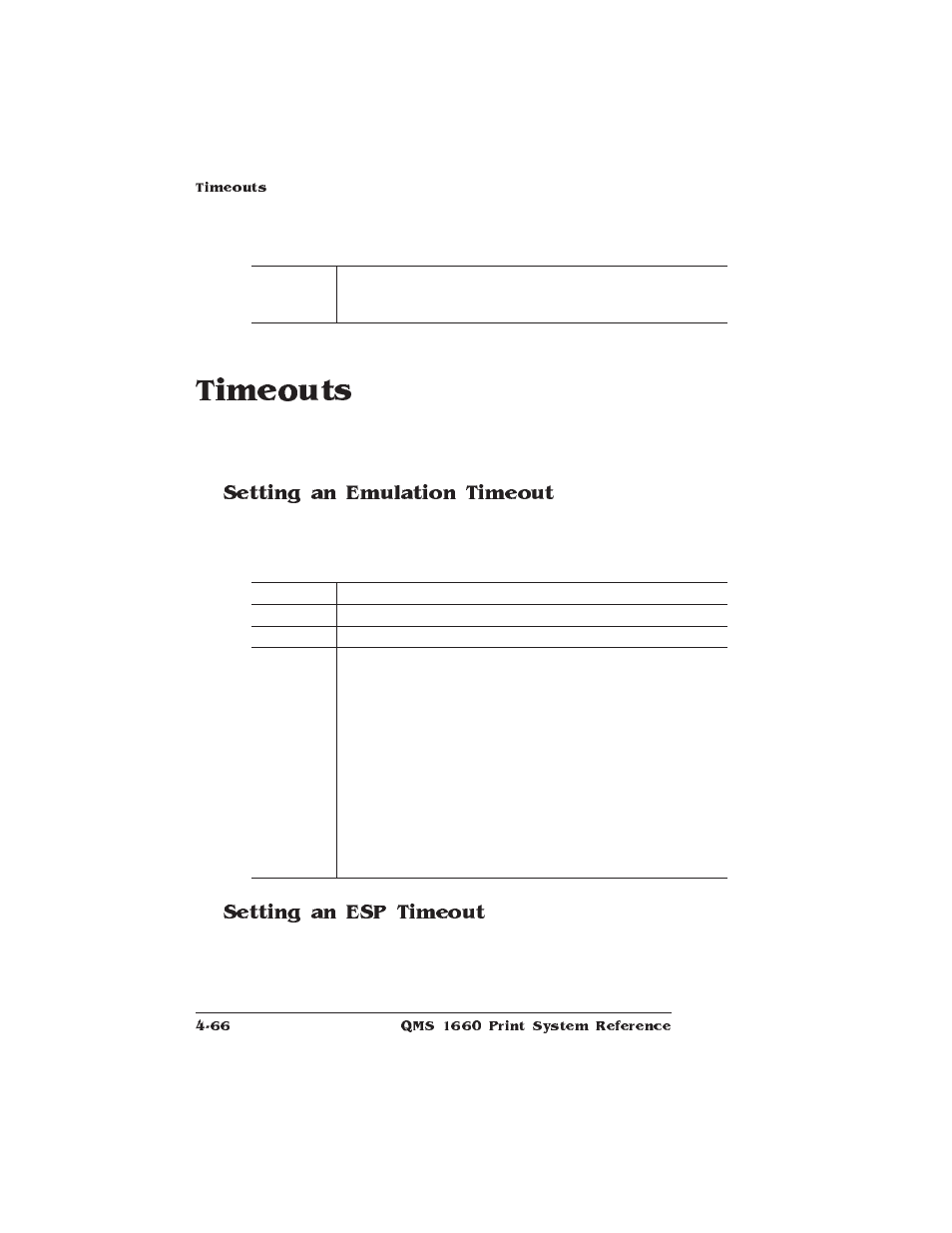 Timeouts, Setting an emulation timeout, Setting an esp timeout | HP QMS 1660 User Manual | Page 98 / 306