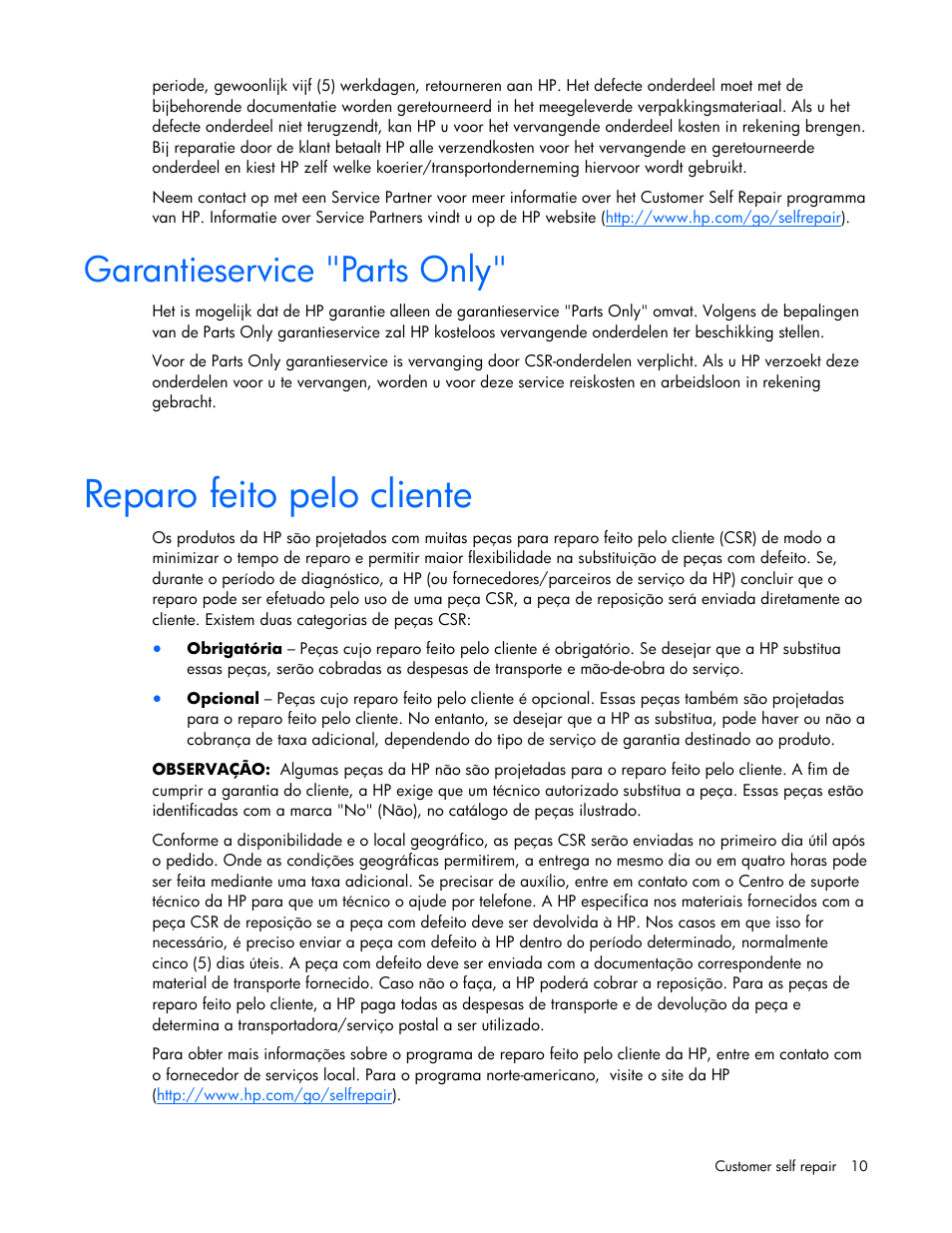 Reparo feito pelo cliente, Garantieservice "parts only | HP BL465C User Manual | Page 10 / 66