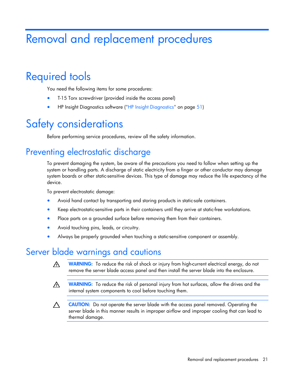 Removal and replacement procedures, Required tools, Safety considerations | Preventing electrostatic discharge, Server blade warnings and cautions | HP BL465C User Manual | Page 21 / 66