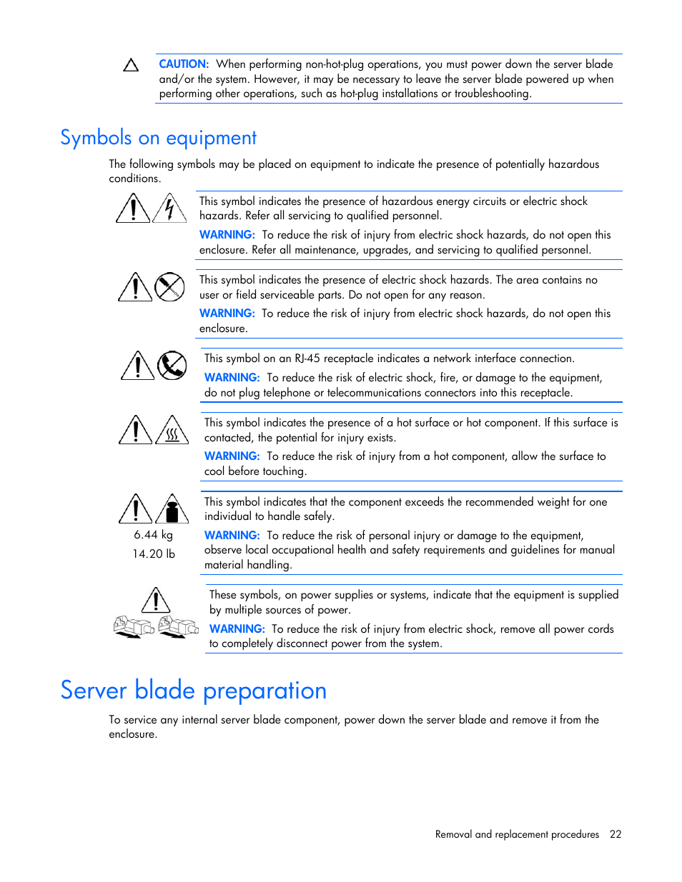 Symbols on equipment, Server blade preparation | HP BL465C User Manual | Page 22 / 66