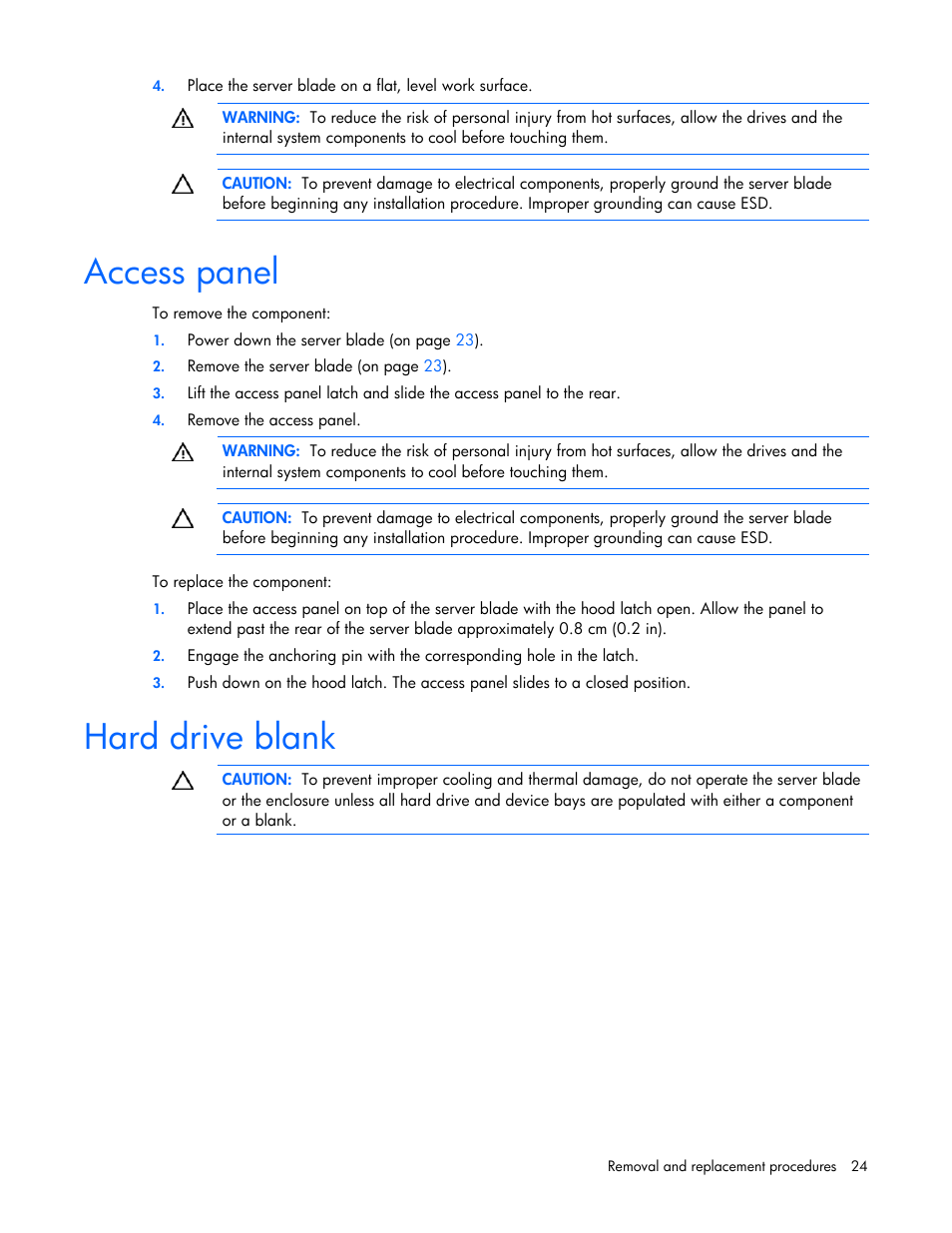 Access panel, Hard drive blank | HP BL465C User Manual | Page 24 / 66