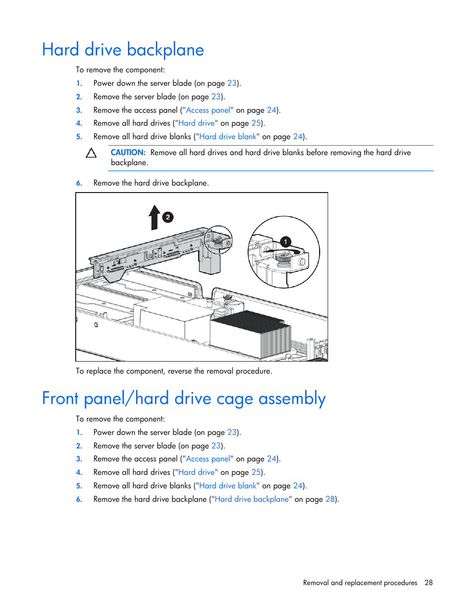 Hard drive backplane, Front panel/hard drive cage assembly | HP BL465C User Manual | Page 28 / 66