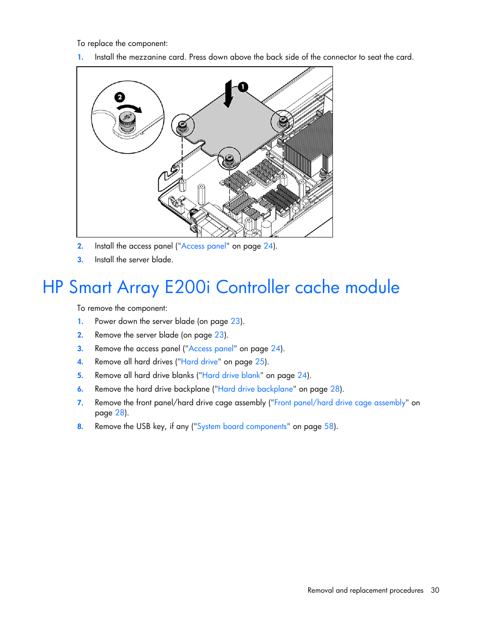 Hp smart array e200i controller cache module | HP BL465C User Manual | Page 30 / 66