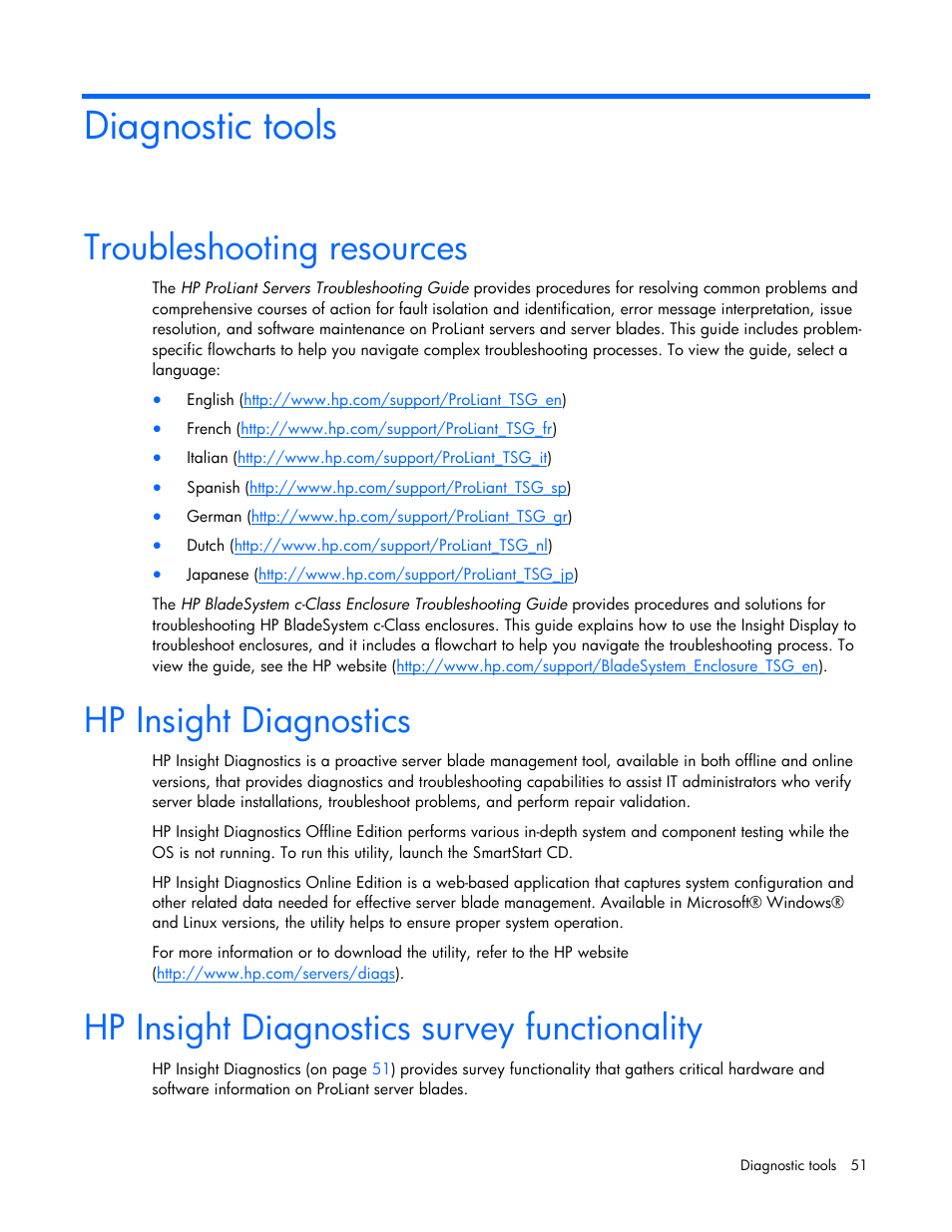 Diagnostic tools, Troubleshooting resources, Hp insight diagnostics | Hp insight diagnostics survey functionality | HP BL465C User Manual | Page 51 / 66