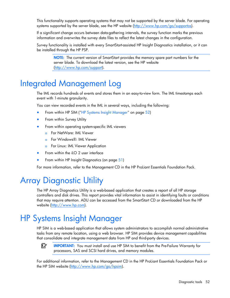 Integrated management log, Array diagnostic utility, Hp systems insight manager | HP BL465C User Manual | Page 52 / 66