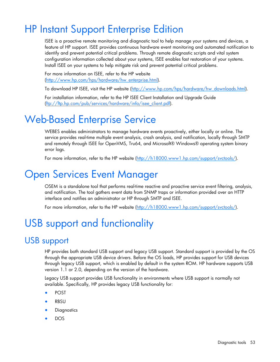 Hp instant support enterprise edition, Web-based enterprise service, Open services event manager | Usb support and functionality, Usb support | HP BL465C User Manual | Page 53 / 66