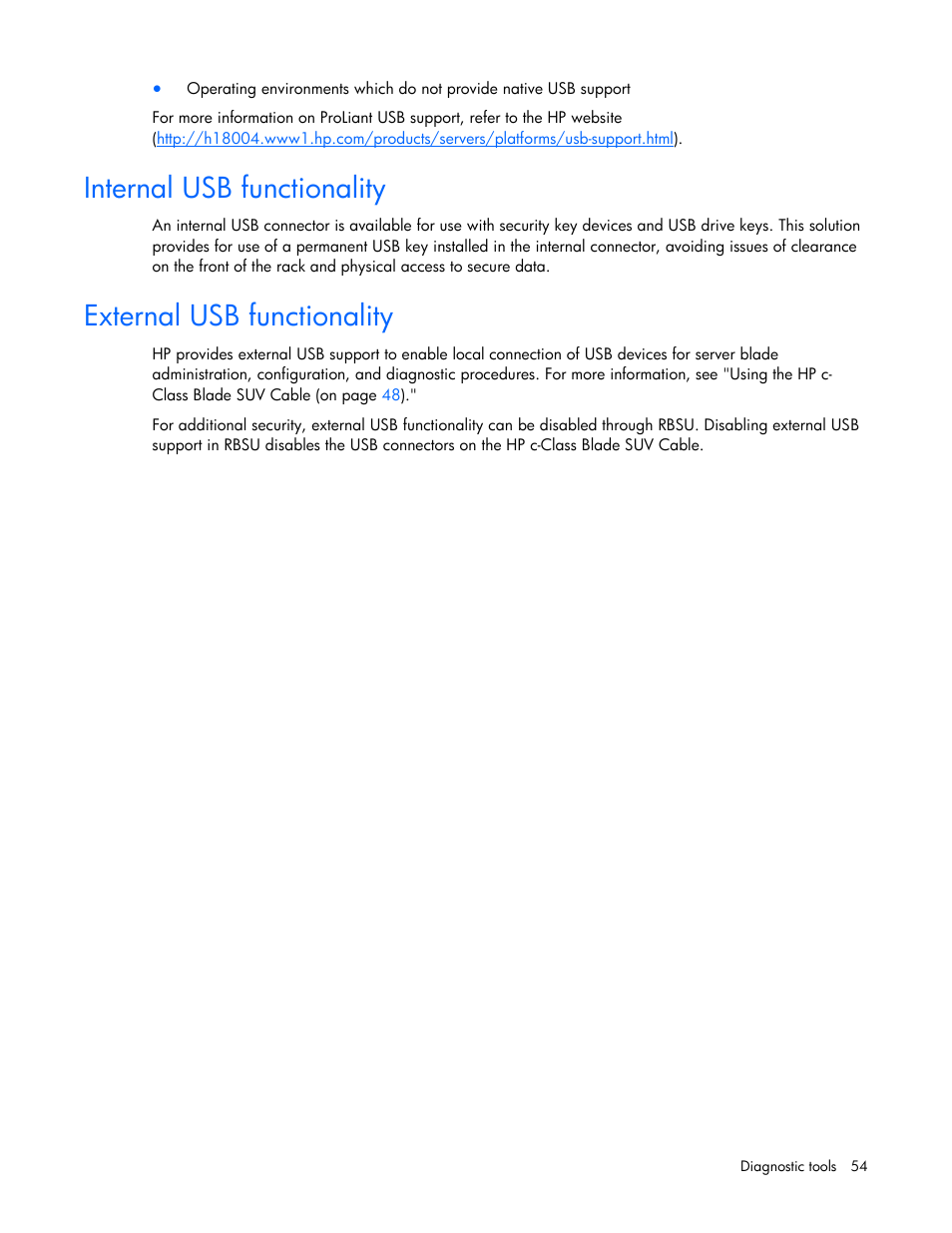 Internal usb functionality, External usb functionality | HP BL465C User Manual | Page 54 / 66