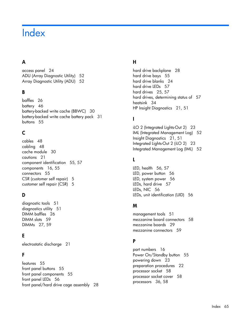 Index | HP BL465C User Manual | Page 65 / 66