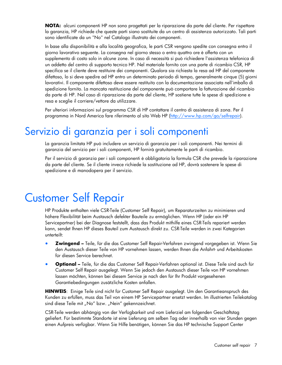 Customer self repair, Servizio di garanzia per i soli componenti | HP BL465C User Manual | Page 7 / 66