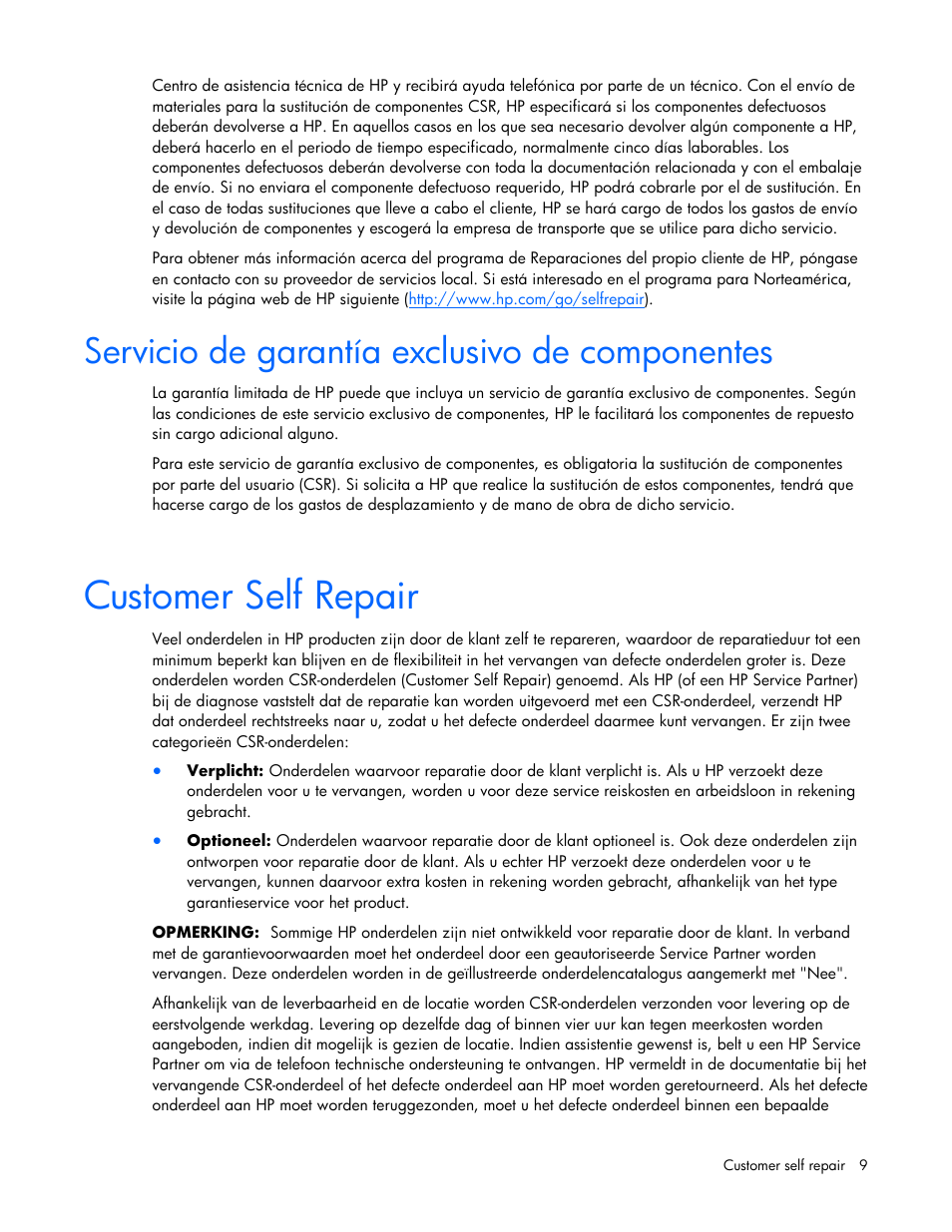 Customer self repair, Servicio de garantía exclusivo de componentes | HP BL465C User Manual | Page 9 / 66