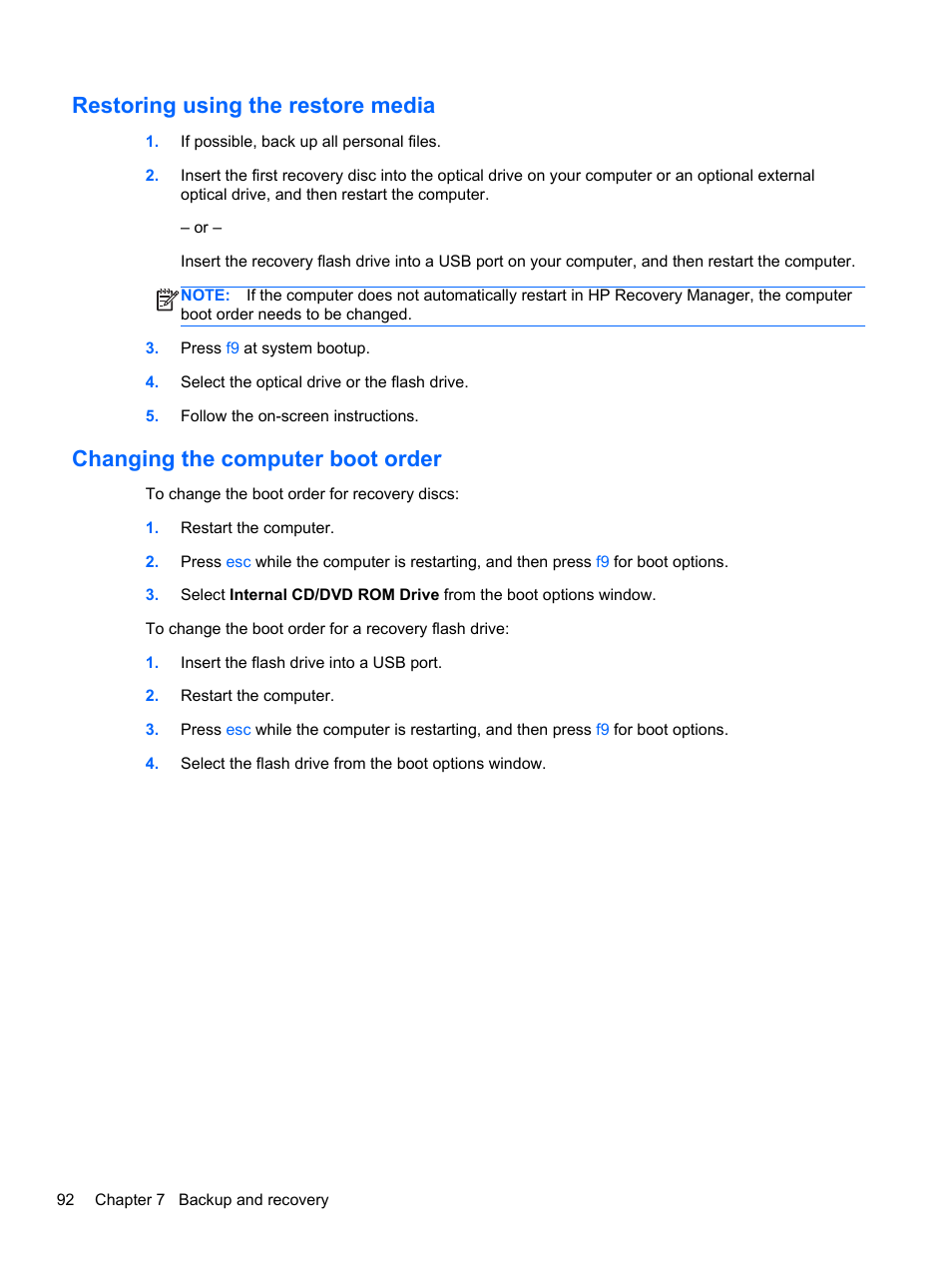 Restoring using the restore media, Changing the computer boot order | HP DM4 User Manual | Page 100 / 113