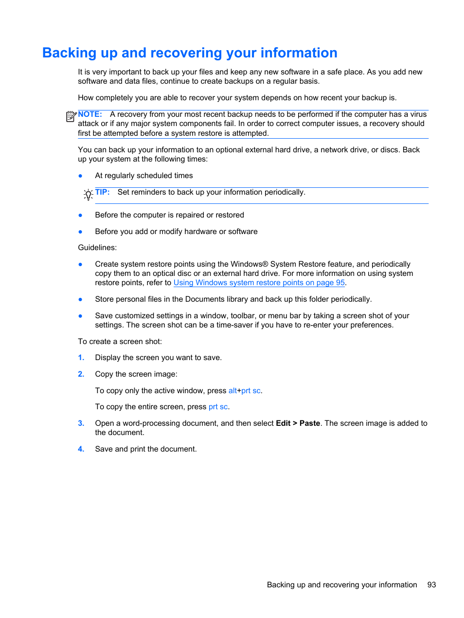 Backing up and recovering your information | HP DM4 User Manual | Page 101 / 113