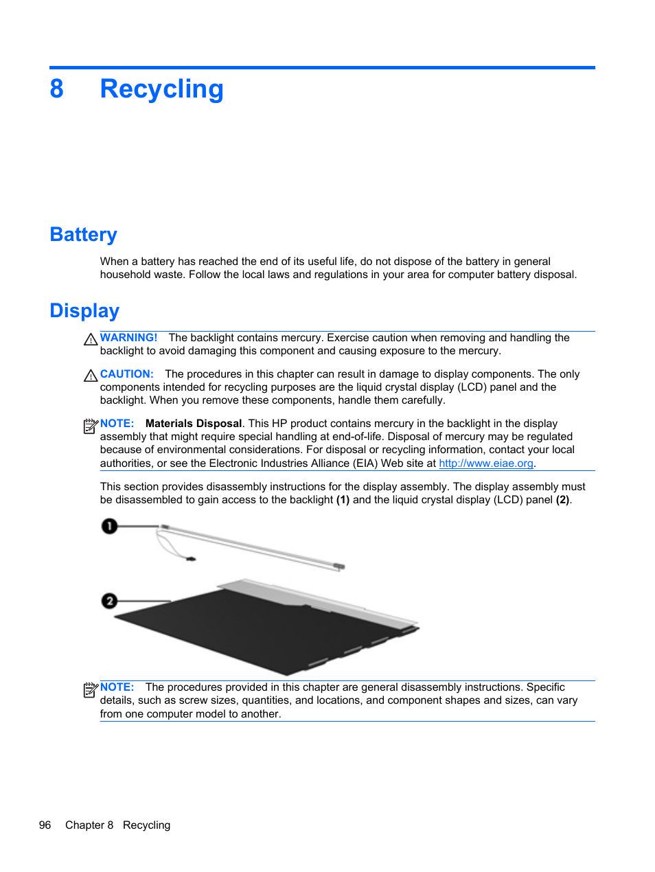 Recycling, Battery, Display | 8 recycling, Battery display, 8recycling | HP DM4 User Manual | Page 104 / 113