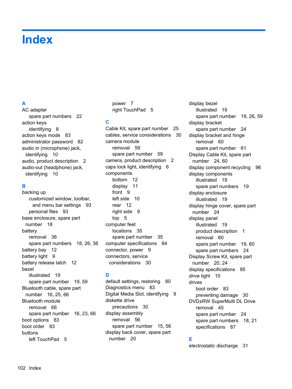 Index | HP DM4 User Manual | Page 110 / 113