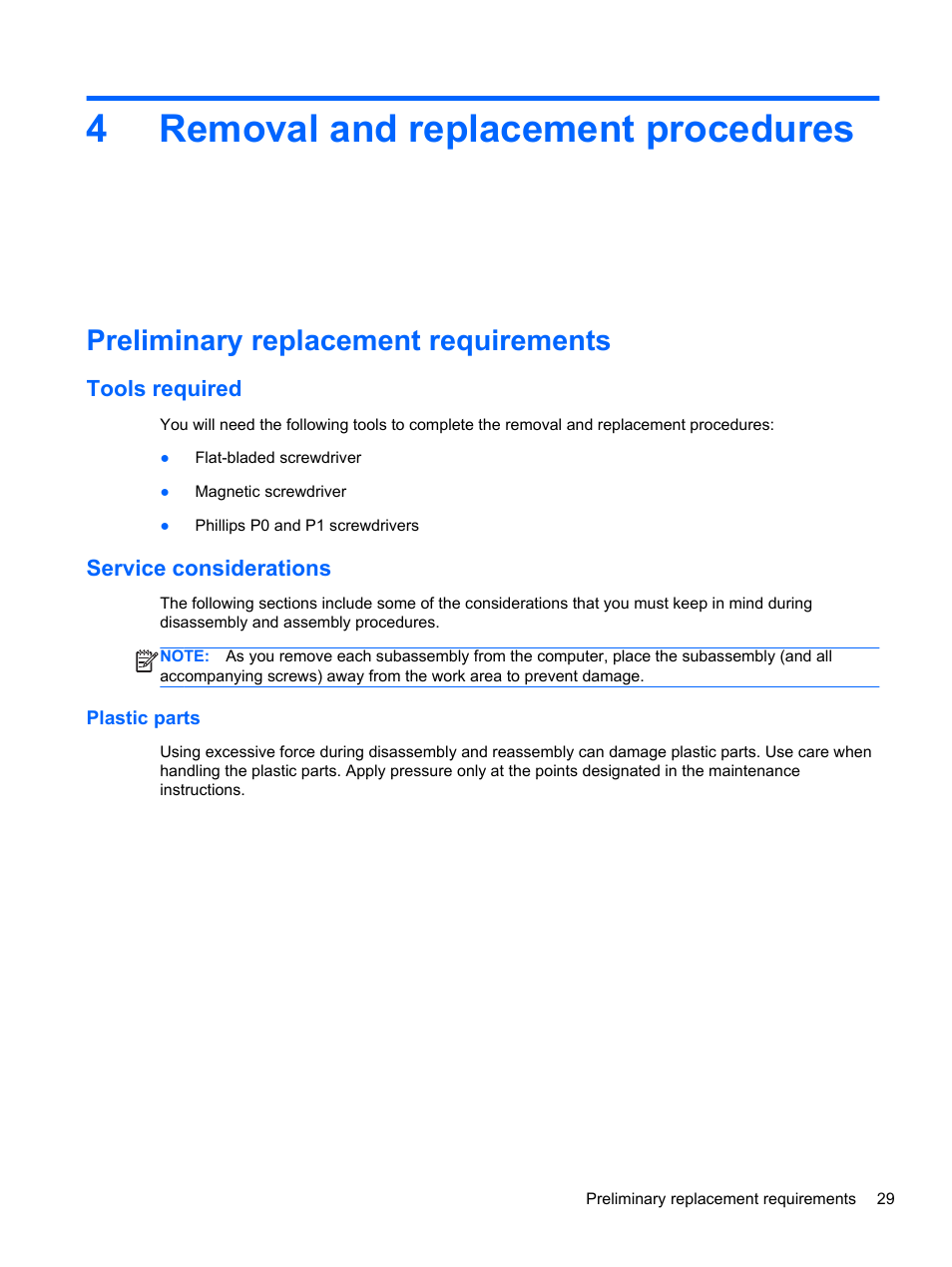 Removal and replacement procedures, Preliminary replacement requirements, Tools required | Service considerations, Plastic parts, 4 removal and replacement procedures, Tools required service considerations, 4removal and replacement procedures | HP DM4 User Manual | Page 37 / 113
