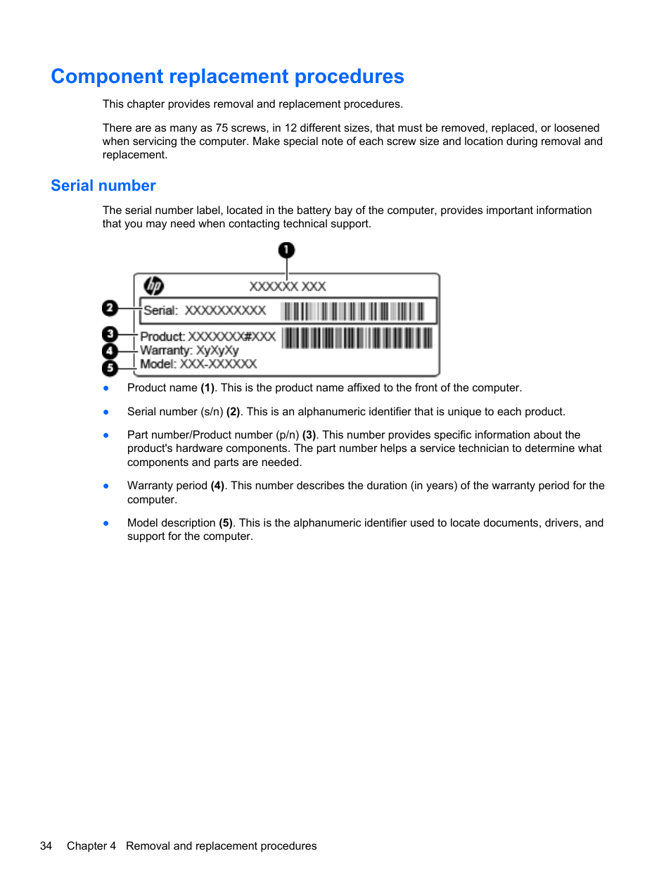 Component replacement procedures, Serial number | HP DM4 User Manual | Page 42 / 113