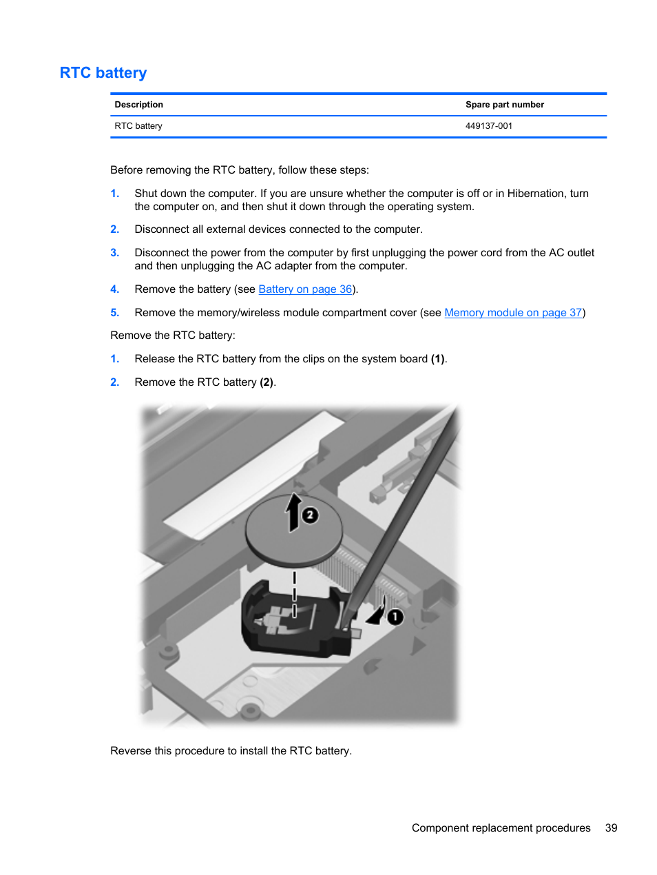 Rtc battery | HP DM4 User Manual | Page 47 / 113