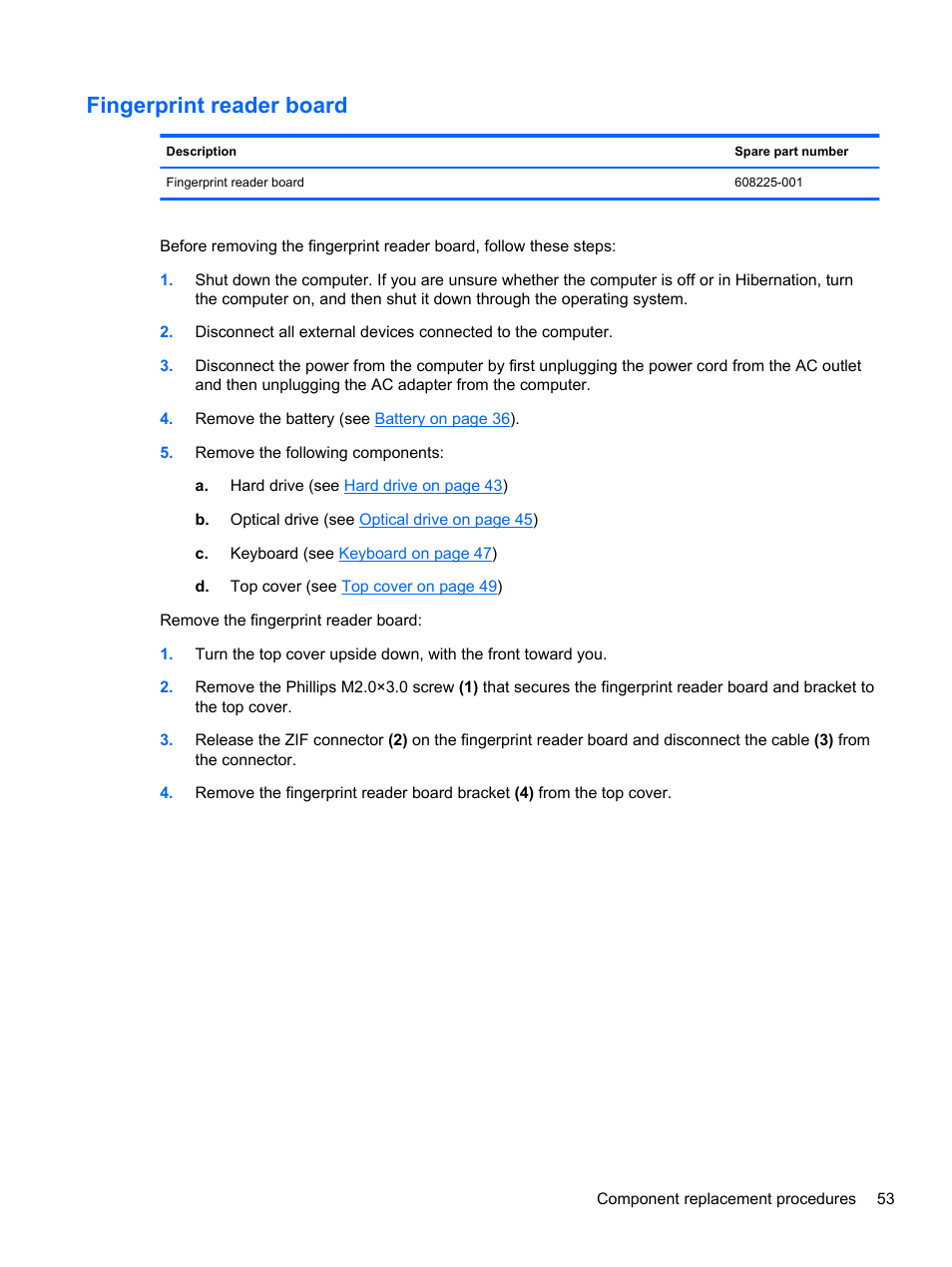 Fingerprint reader board | HP DM4 User Manual | Page 61 / 113