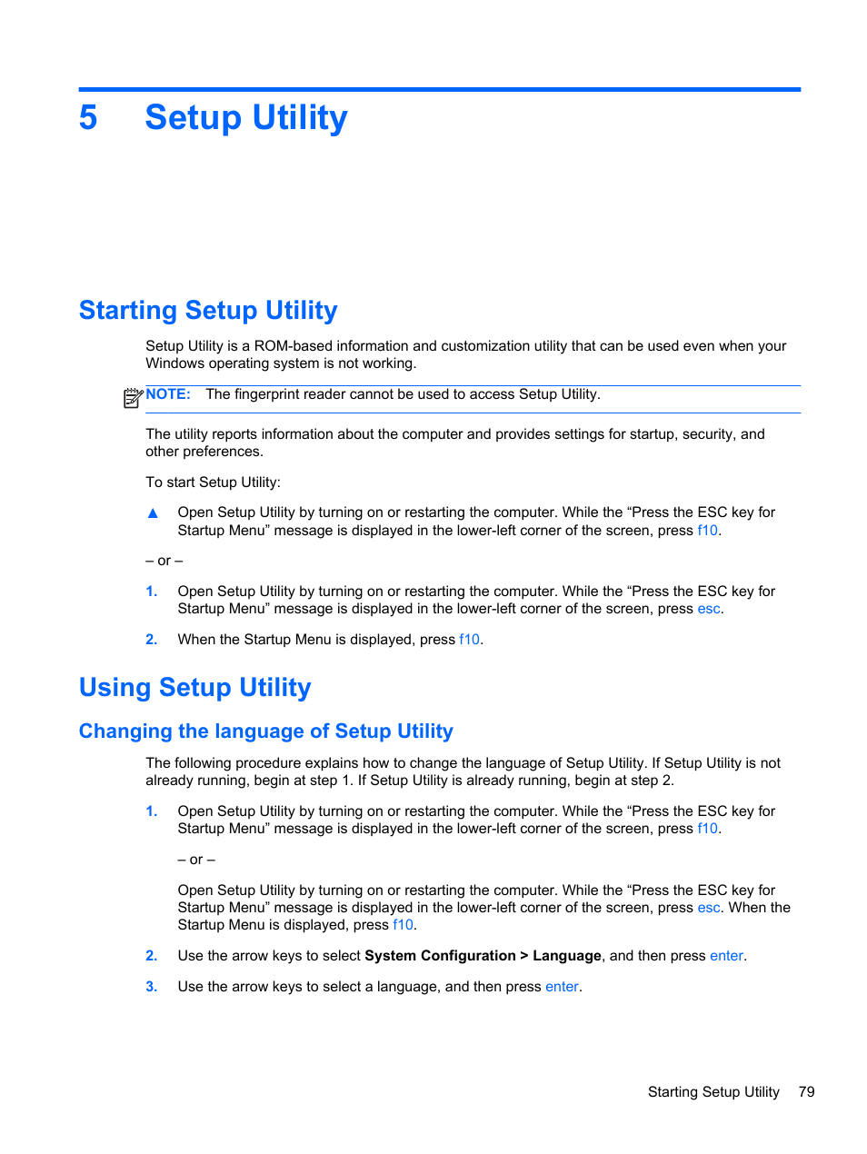Setup utility, Starting setup utility, Using setup utility | Changing the language of setup utility, 5 setup utility, Starting setup utility using setup utility, 5setup utility | HP DM4 User Manual | Page 87 / 113