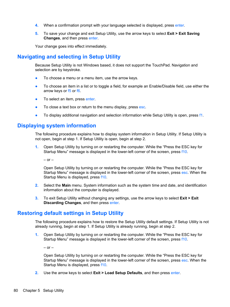 Navigating and selecting in setup utility, Displaying system information, Restoring default settings in setup utility | HP DM4 User Manual | Page 88 / 113