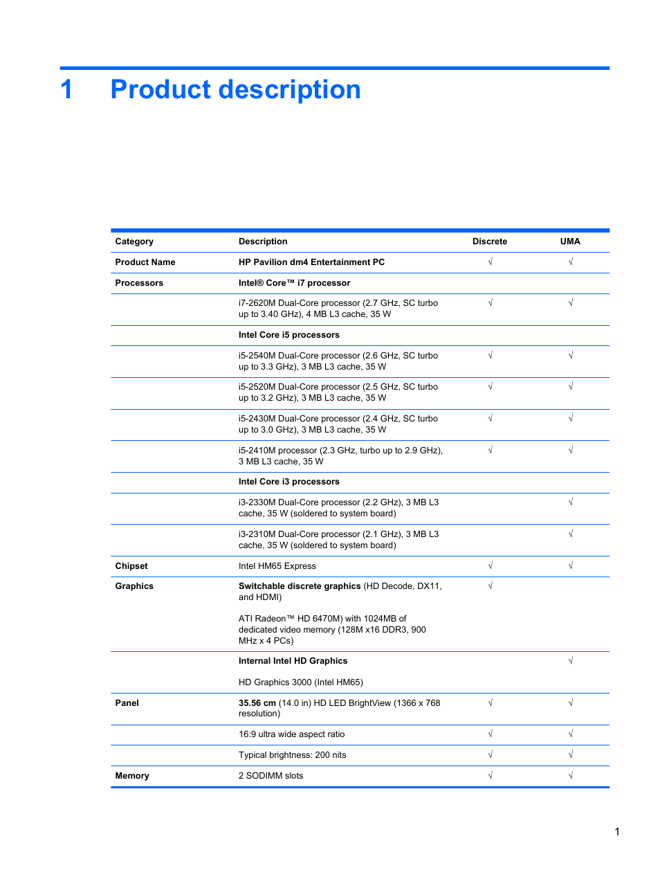 Product description, 1 product description, 1product description | HP DM4 User Manual | Page 9 / 113