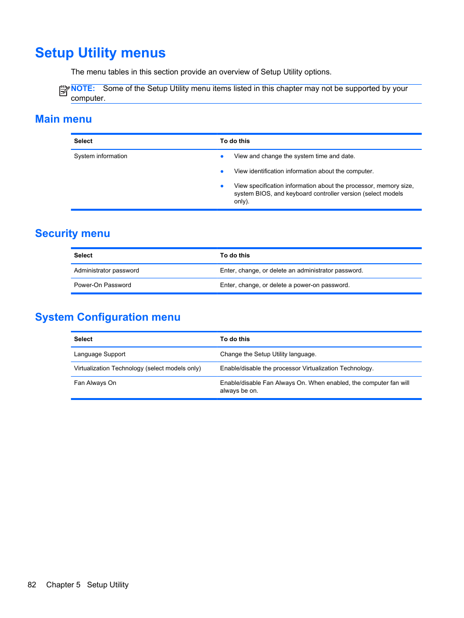 Setup utility menus, Main menu, Security menu | System configuration menu, Main menu security menu system configuration menu | HP DM4 User Manual | Page 90 / 113