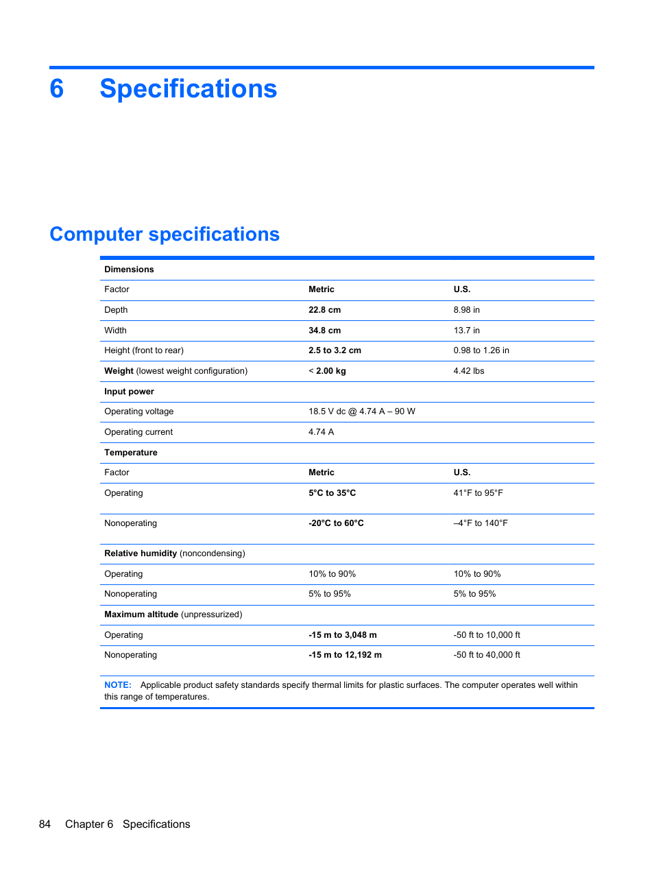 Specifications, Computer specifications, 6 specifications | 6specifications | HP DM4 User Manual | Page 92 / 113