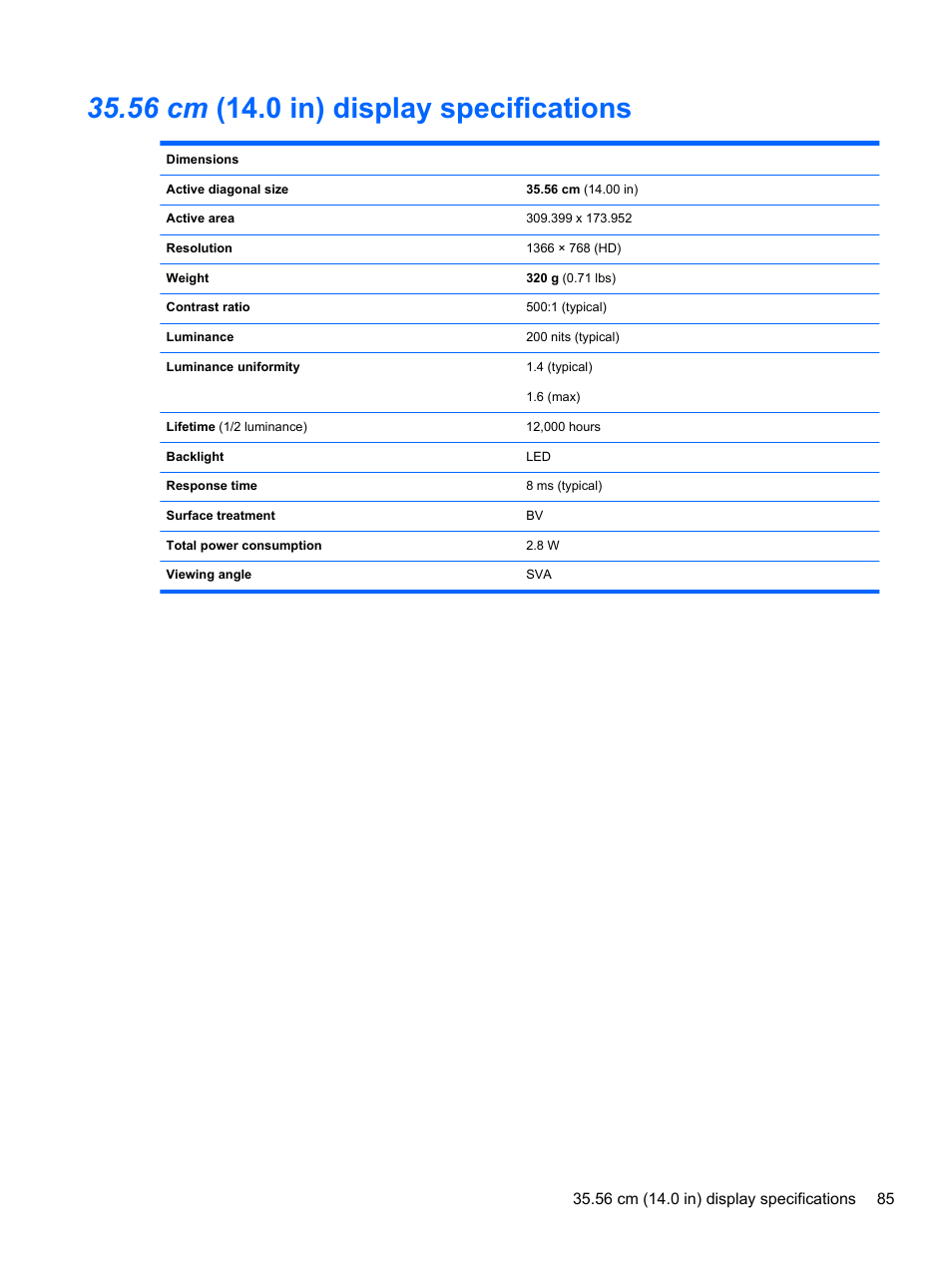 56 cm (14.0 in) display specifications | HP DM4 User Manual | Page 93 / 113