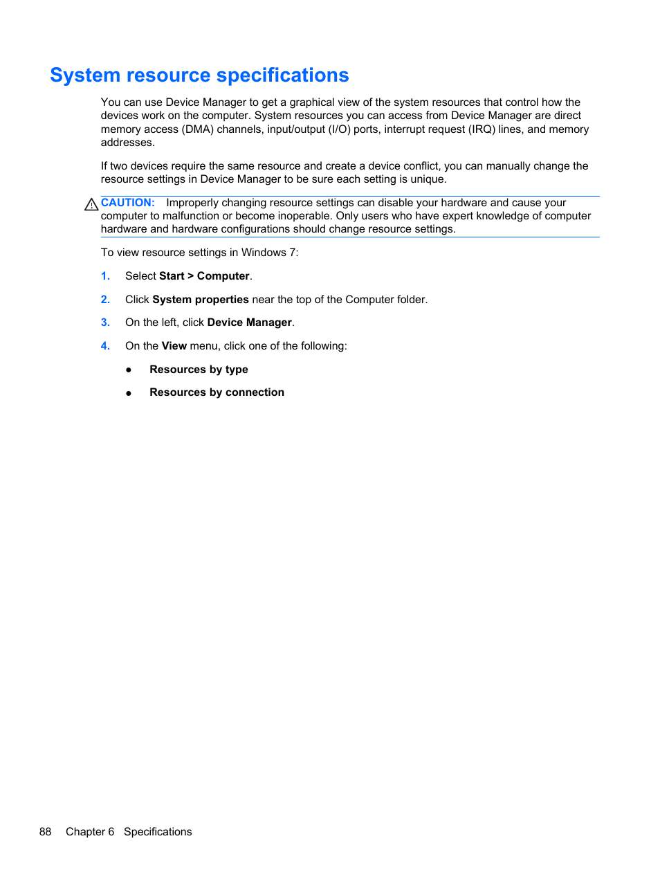 System resource specifications | HP DM4 User Manual | Page 96 / 113