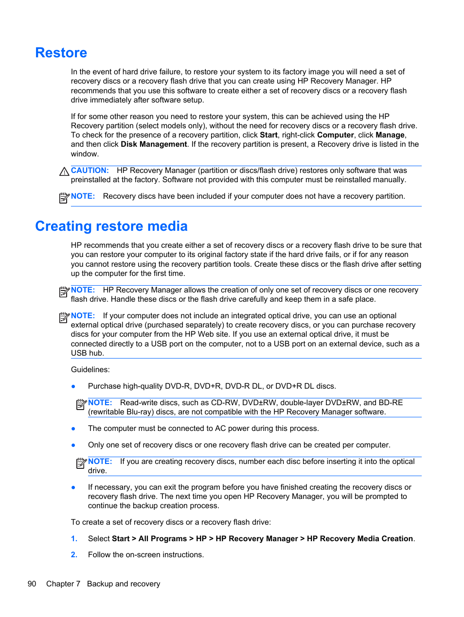 Restore, Creating restore media, Restore creating restore media | HP DM4 User Manual | Page 98 / 113