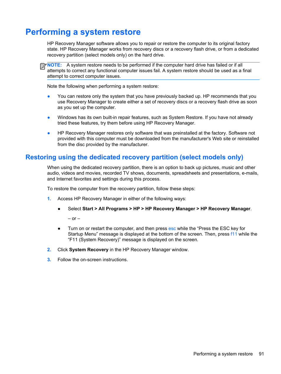 Performing a system restore | HP DM4 User Manual | Page 99 / 113