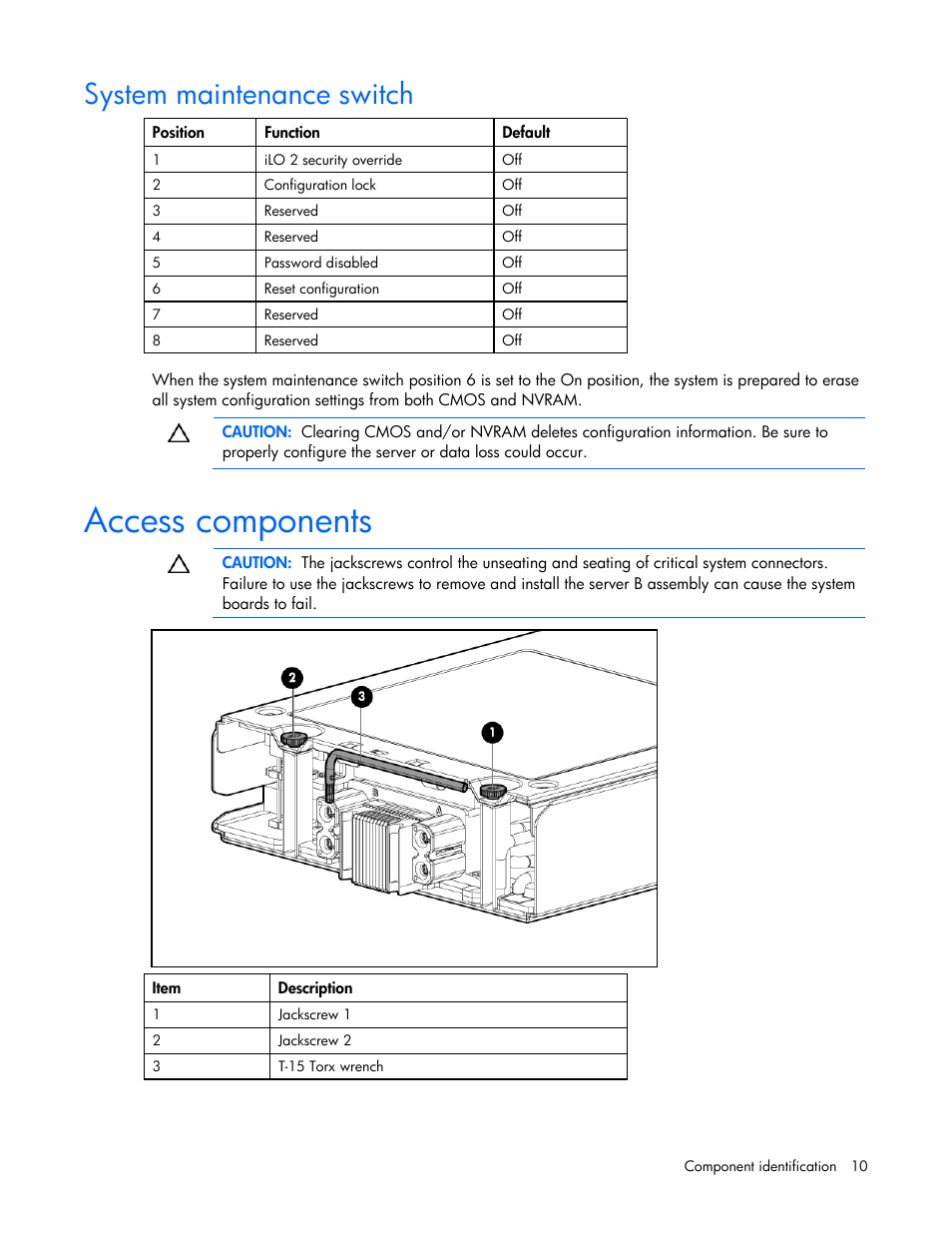 System maintenance switch, Access components | HP PROLIANT 580554-001 User Manual | Page 10 / 87