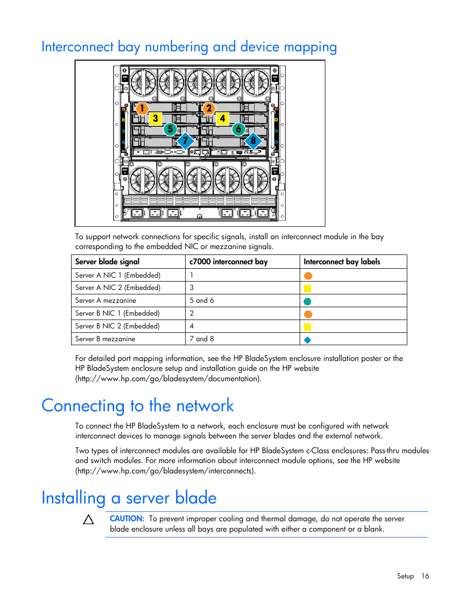 Interconnect bay numbering and device mapping, Connecting to the network, Installing a server blade | HP PROLIANT 580554-001 User Manual | Page 16 / 87