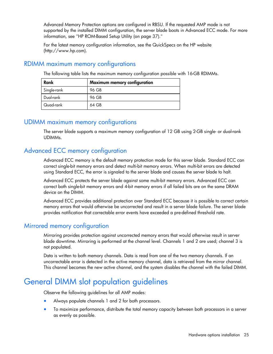 Rdimm maximum memory configurations, Udimm maximum memory configurations, Advanced ecc memory configuration | Mirrored memory configuration, General dimm slot population guidelines | HP PROLIANT 580554-001 User Manual | Page 25 / 87