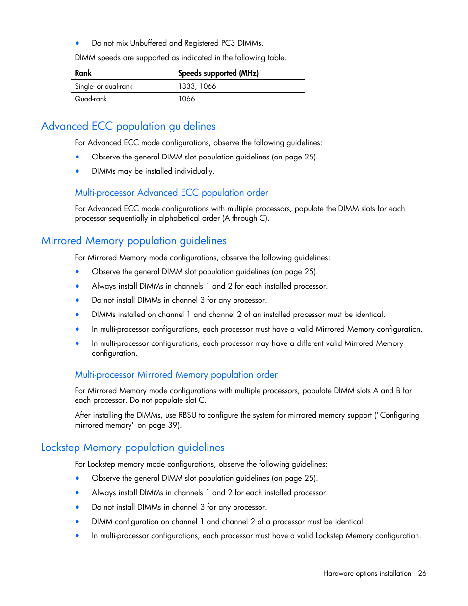 Advanced ecc population guidelines, Mirrored memory population guidelines, Lockstep memory population guidelines | HP PROLIANT 580554-001 User Manual | Page 26 / 87