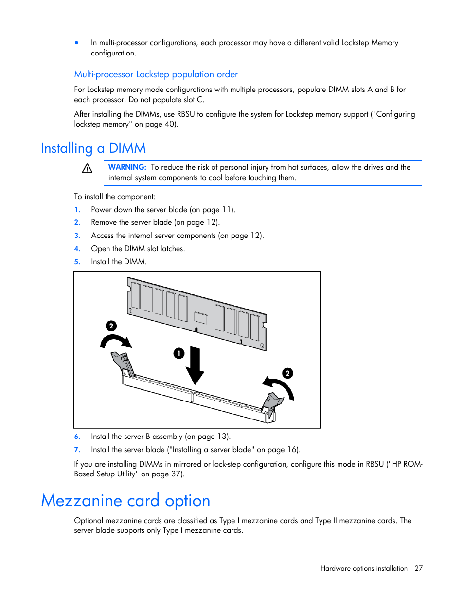 Installing a dimm, Mezzanine card option | HP PROLIANT 580554-001 User Manual | Page 27 / 87