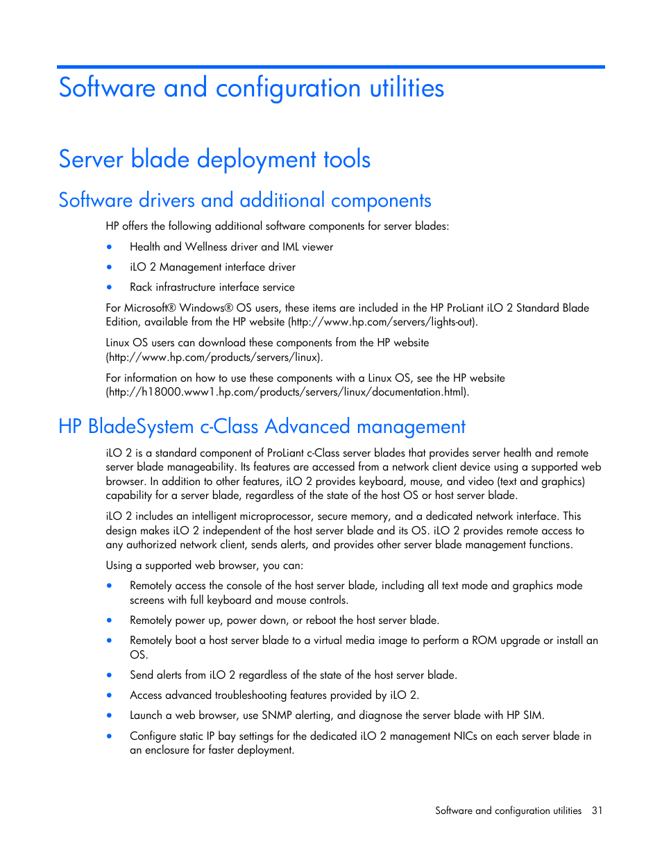 Software and configuration utilities, Server blade deployment tools, Software drivers and additional components | Hp bladesystem c-class advanced management | HP PROLIANT 580554-001 User Manual | Page 31 / 87