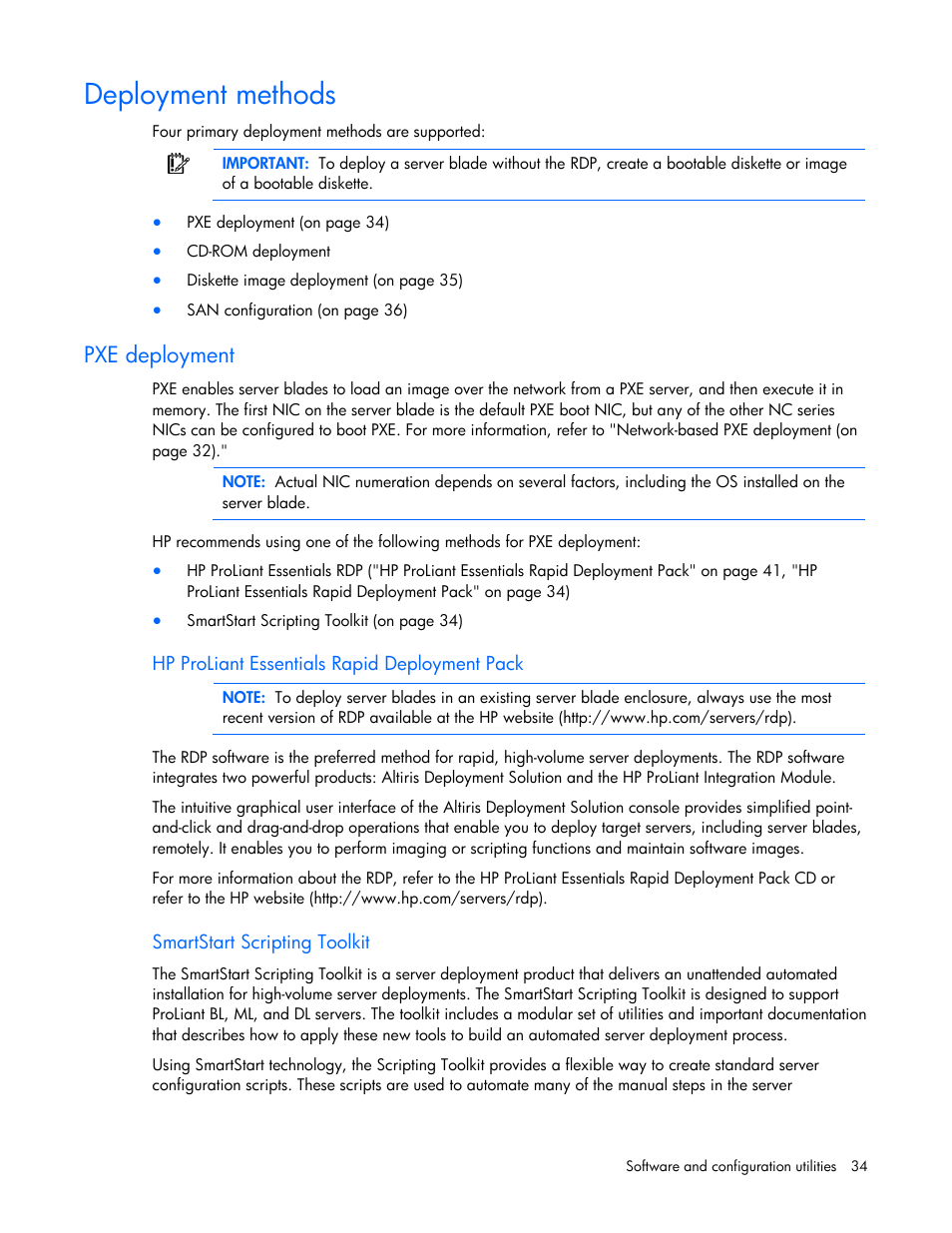 Deployment methods, Pxe deployment | HP PROLIANT 580554-001 User Manual | Page 34 / 87